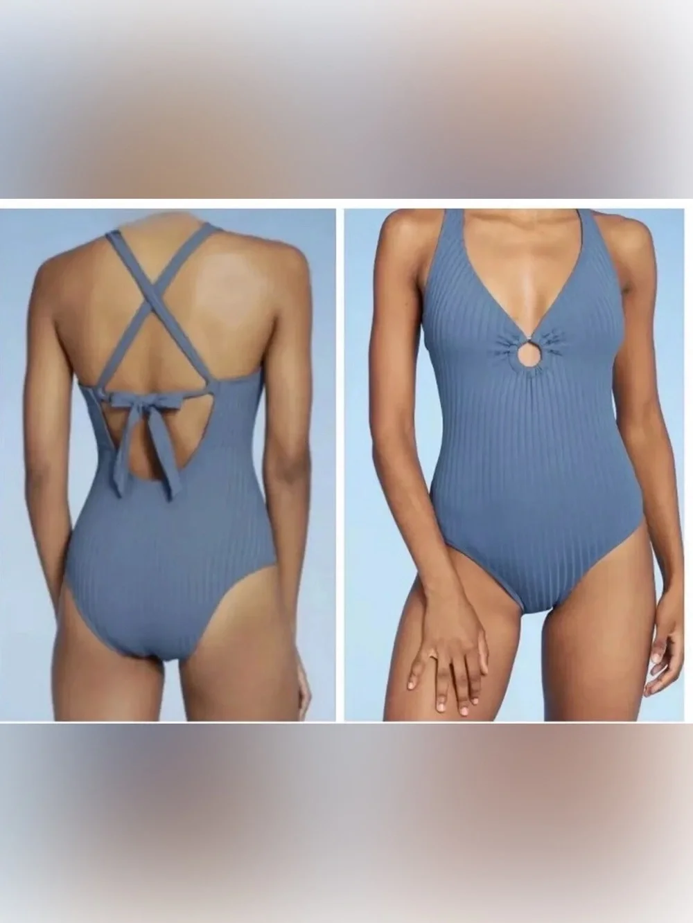 Kona Sol Ribbed One-Piece Swimsuit Dusty Blue, size small